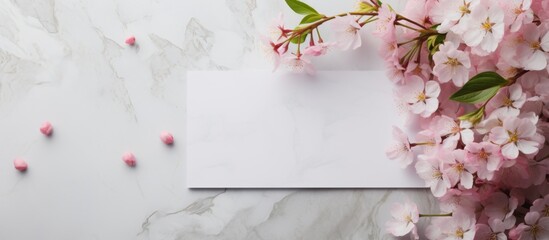 Fototapeta premium Elegant white envelope adorned with delicate pink flowers, placed on a smooth marble surface, creating a beautiful contrast of colors and textures