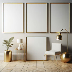 Mock up four frame in the bedroom on the below side of wall with lamp and small sofa, 3d render