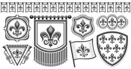 Vector Fleur de Lis set, horizontal banner with collection of isolated illustrations of diverse black and white fleur de lis flourishes, seamless garland, group of vintage decorative design elements © mihmihmal
