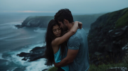 Emotional Couple Embracing on Coastal Cliff