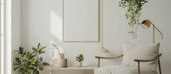 Minimalistic and chic design for a mock-up poster frame, featuring vintage furniture, a hanging plant, a gold table lamp,
