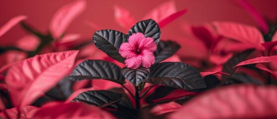   Lush Pink Flower on Red Background with Red and Black Leaves