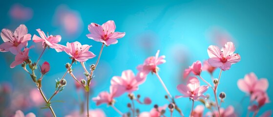   Blue-green background with a blue sky featuring an array of vibrant pink flowers