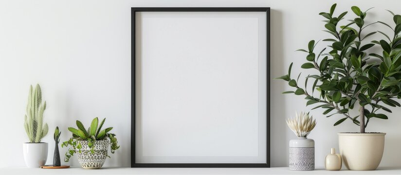 The image shows a black square frame with home decor and potted plants on a white shelf against a wall, with space for text.