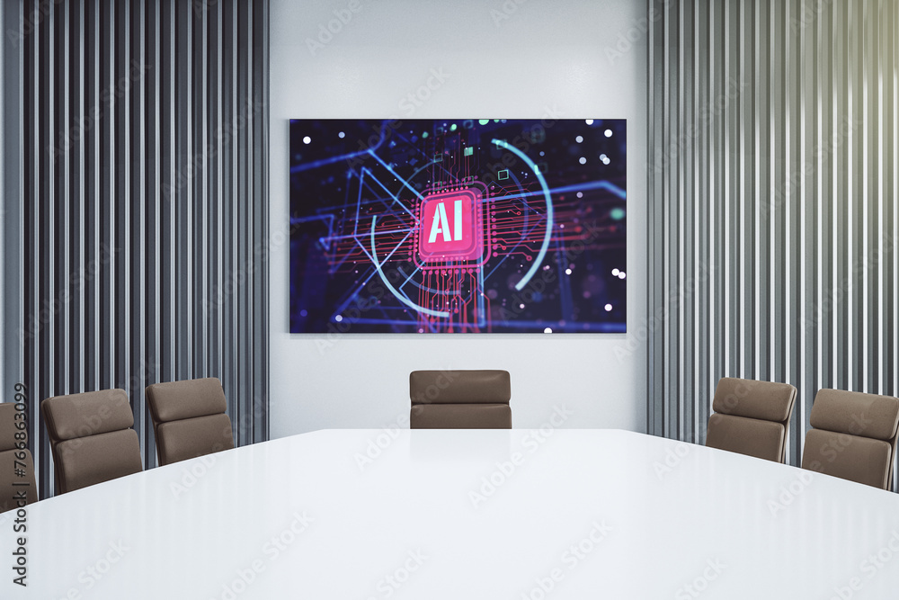 Aufkleber Creative artificial Intelligence abbreviation on presentation monitor in a modern boardroom. Future technology and AI concept. 3D Rendering