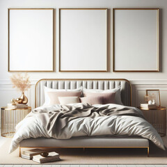 Mock up three frame in the bedroom on the wall, 3d render
