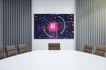 Creative artificial Intelligence abbreviation on presentation monitor in a modern boardroom. Future technology and AI concept. 3D Rendering - obrazy, fototapety, plakaty