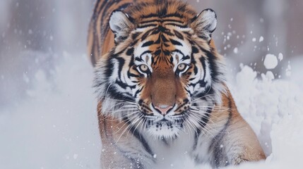 wild siberian tiger running on snow, closeup of fierce predator, powerful bigcat in winter landscape, majestic animal in motion