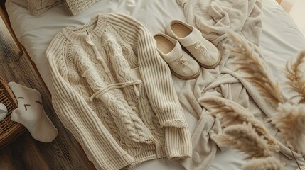 A UHD capture of a cozy and comfortable loungewear set featuring a oversized knit sweater paired with matching joggers and slippers, perfect for a lazy day at home against a relaxed solid background.
