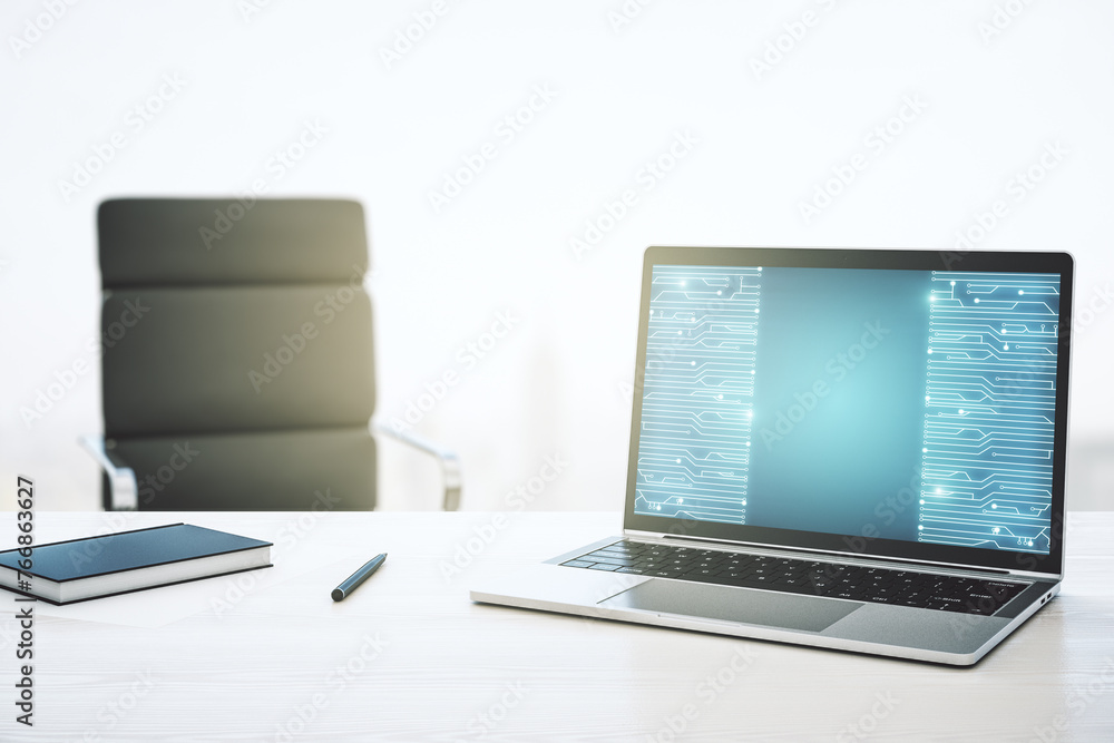 Aufkleber Creative abstract micro chip hologram on modern computer monitor, artificial intelligence and machine learning concept. 3D Rendering
