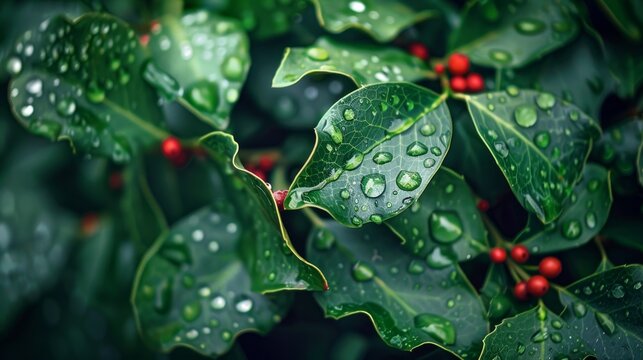 This is a close-up photo of raindrops on the leaves of a Holly Berry bush, with the main focus on