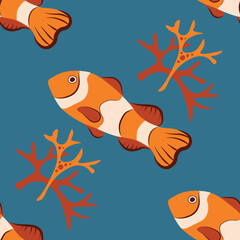 Fototapeta premium Vector seamless pattern with clown fish and corals