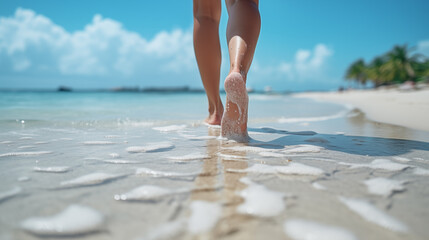 woman legs walking barefoot along a beautiful beach