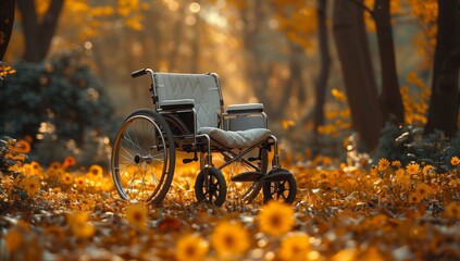 A wheelchair with an automotive tire is stationary in a serene forest clearing, surrounded by tall trees, green grass, and bathed in sunlight