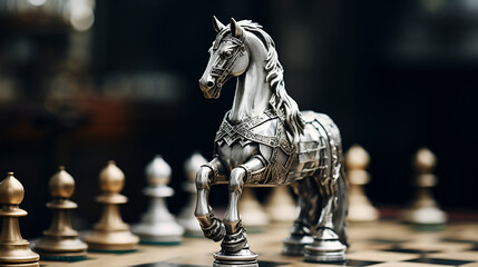 Close up of shot of a chess board silver horse moving on chess board game Chess piece on chessboard competition success and strategy game pla - obrazy, fototapety, plakaty