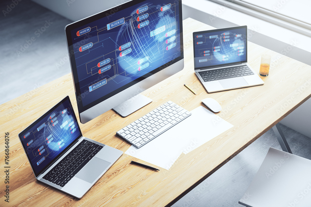 Aufkleber Modern computer screen with abstract graphic coding sketch and world map, big data and networking concept. 3D Rendering