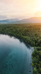 Vertical aerial view of a peaceful bay in the late afternoon shade.