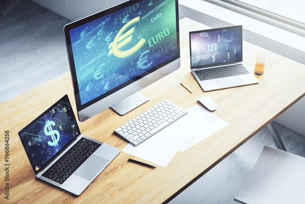 Poster creative euro symbols illustration on modern computer monitor, forex and currency concept. 3d render