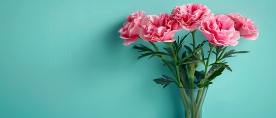   Vase of pink flowers on blue wall
