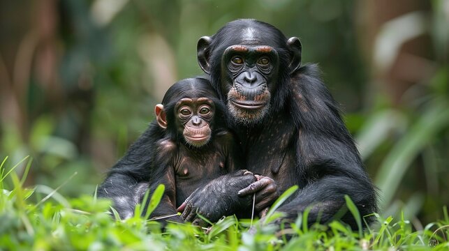 mother bonobo with her baby sitting on the grass, highlighting the natural habitat and conservation importance of these primates in their tropical environment