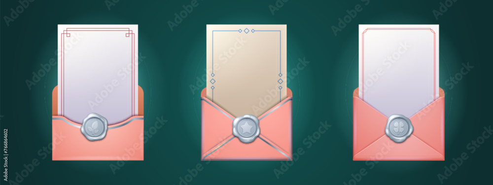 Poster set of open pink envelopes with blank letters inside isolated on background. vector realistic illust