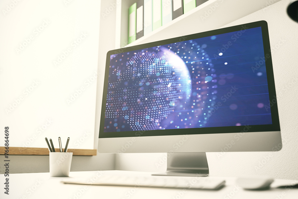 Leinwandbilder modern computer screen with abstract creative digital world map, research and analytics concept. 3d 