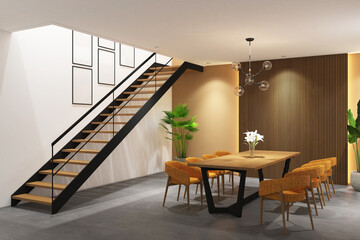 3d rendering of interior dining room with frame mockup. Design stair case with fluted wood and light brown wall background. Set 10