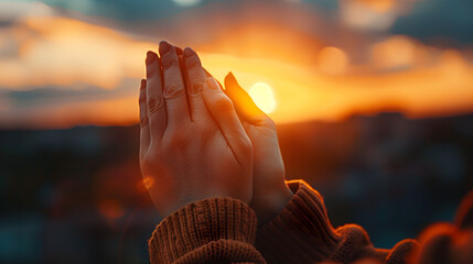 Praying hands with faith in religion and belief in god, power of hope or love and devotion. - obrazy, fototapety, plakaty