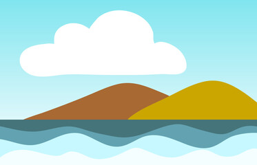 Simple vector illustration in a flat style. Seascape, summer vacation. Blue sky, white cloud, mountains on the horizon, turquoise water, waves.