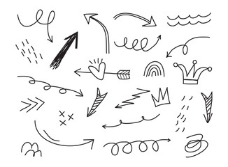 Doodle vector arrows and design elements. Hand drawn set of icons, frames, borders, arrows in cartoon style