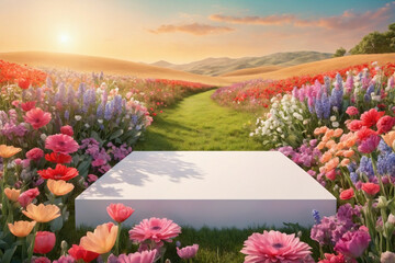 Elegant empty natural podium for product display, amidst a dreamy field of vibrant flowers, soft morning light
