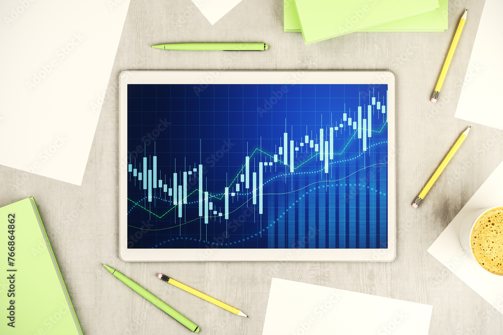 Aufkleber Digital tablet with abstract financial graph, finance and trading concept. Top view. 3D Rendering