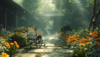 A wheelchair is placed in a natural landscape garden surrounded by colorful flowers, trees, and grass, creating a peaceful and beautiful atmosphere - obrazy, fototapety, plakaty