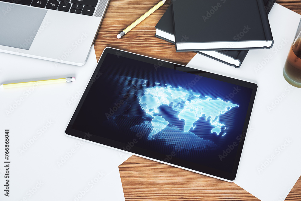 Aufkleber Abstract graphic world map on modern digital tablet screen, connection and communication concept. Top view. 3D Rendering