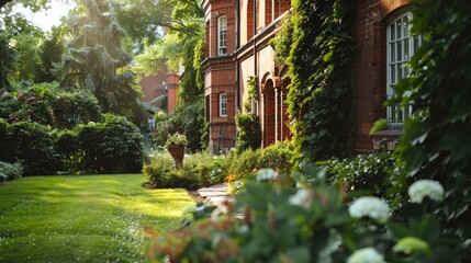 During the summer, there is a green garden located next to an English red brick hotel.