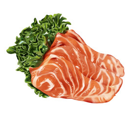Hand drawn watercolor of Salmon fillet with salad vegetables isolated on transparent background.