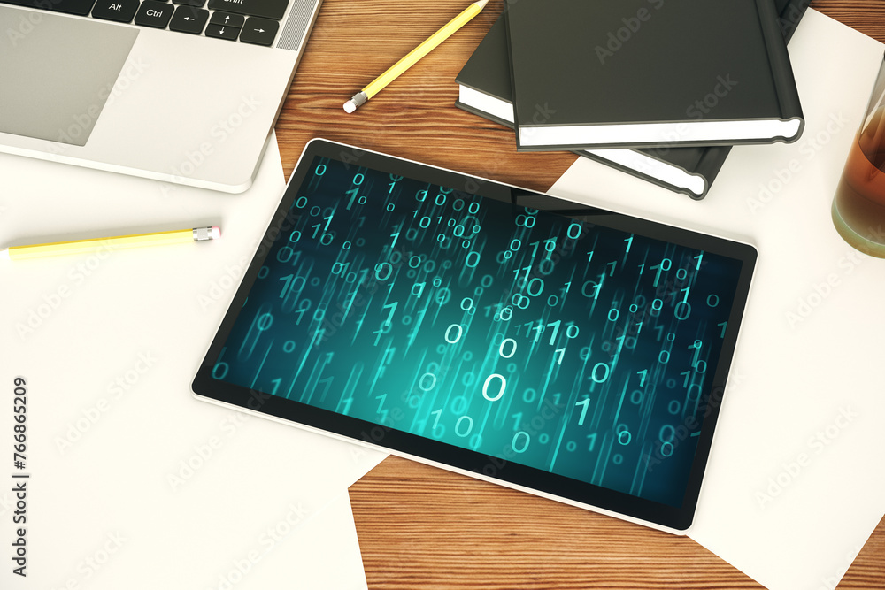 Leinwandbilder Creative abstract binary code hologram on modern digital tablet display, AI and machine learning concept. Top view. 3D Rendering