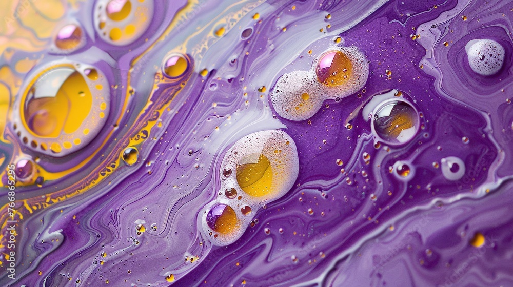 Poster stunning colorful background with purple and yellow soap bubbles in paint creating an abstract and d