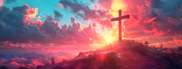 Christian Easter symbol on colorful sunset sky. Conceptual religious image. - obrazy, fototapety, plakaty