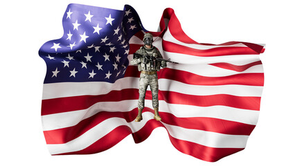 American Flag Draped as a Backdrop with a Soldier in Uniform - 766865239