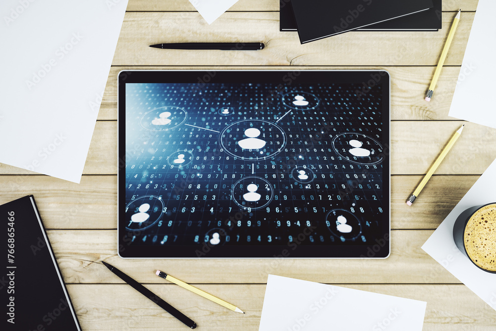 Poster Modern digital tablet monitor with social network icons concept. Marketing and promotion concept. Top view. 3D Rendering