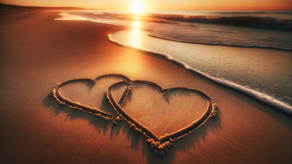 Golden Sunset Over Love Symbols on the Seashore