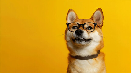 Happy shiba. Dog with glasses of red heart inu dog on yellow. Red-haired Japanese dog smile portrait. - obrazy, fototapety, plakaty