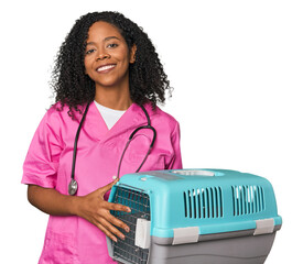 African American vet with pet carrier happy, smiling and cheerful.