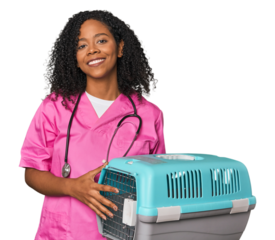 African American vet with pet carrier happy, smiling and cheerful.