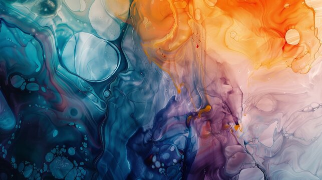This artwork is an abstract and colorful piece created using a combination of oil, water, and ink.