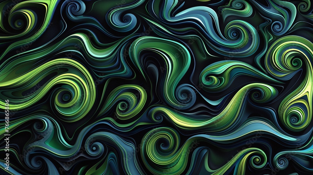 Poster 3d visual of a black background with luminous green and blue swirls, providing a smooth and artistic