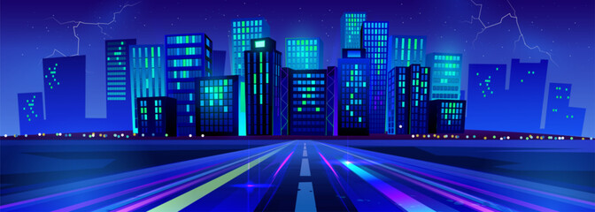 Night neon light from future city building on road background. Perspective skyscraper street and futuristic urban highway track view. Dark modern metropolis and thunderbolt discharge trail in sky.