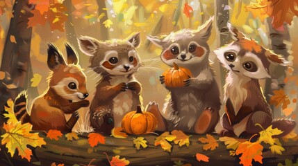 Three raccoons sitting on a log with pumpkins