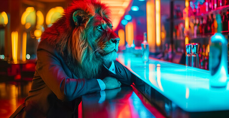 Obraz premium A lion businessman in a designer suit leaning on a neon-lit bar